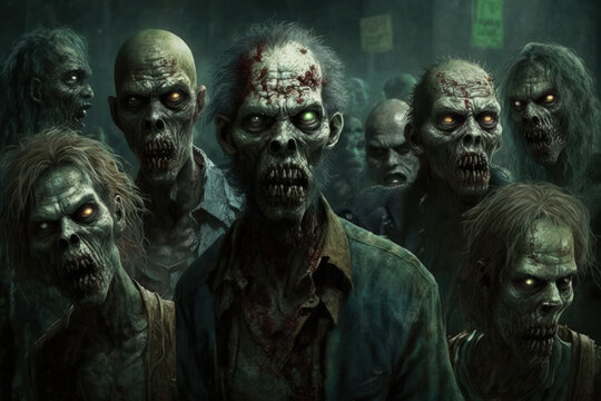 group of scary zombies walking. generative ai