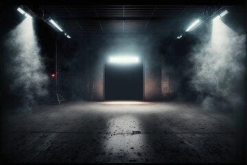The dark stage shows wall background, an empty dark scene, neon light, and spotlights The asphalt floor and studio room with smoke float up the interior texture for display products