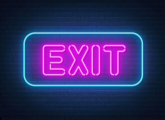 Fototapeta na wymiar Exit neon sign on brick wall background.