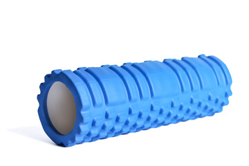 A blue foam massage roller isolated on a white background. Foam rolling is a self myofascial...