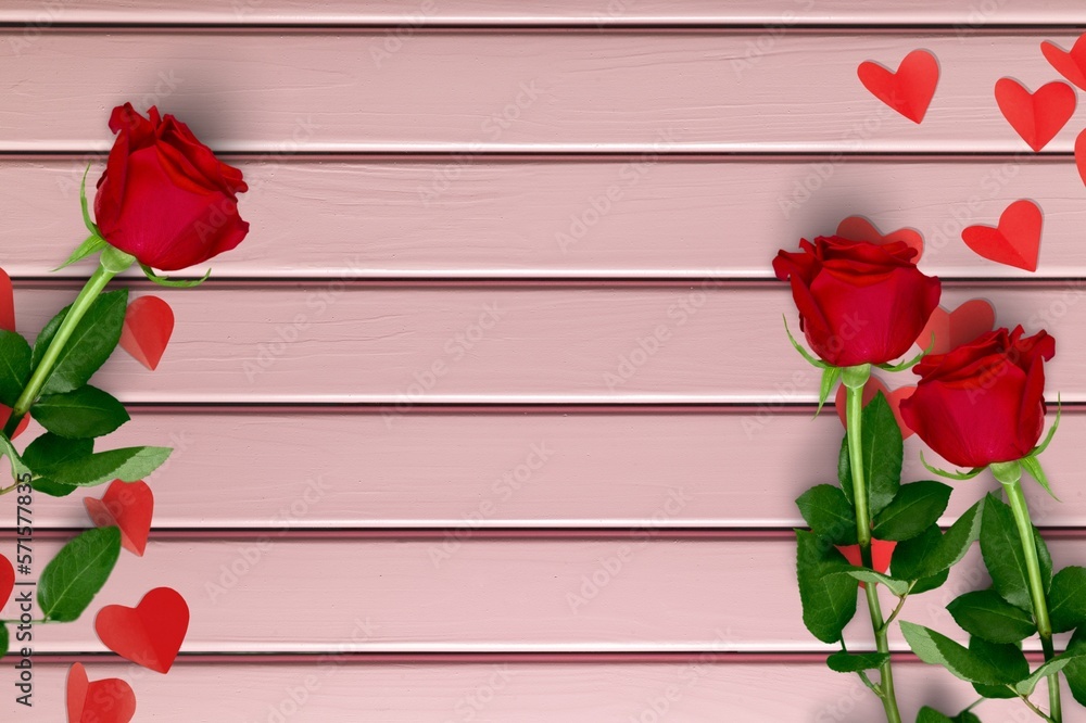 Wall mural Valentine's Day, red fresh roses and hearts