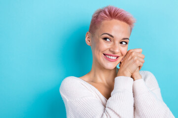 Closeup photo portrait of charming toothy beaming smile girl arms together look dreamy mockup new sale advert isolated on cyan color background