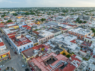 Obraz premium Aerial view of Campeche downtown at sunset. Campeche, Mexico.