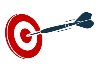Target hit, dartboard and dart flying to aim, darts competition emblem, achievement concept, vector
