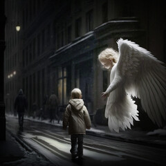 An angel with white wings translates the child into the road. Old city.