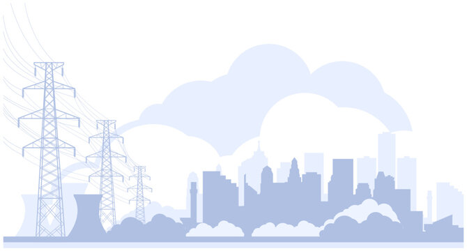 Electric towers and city skyline, high voltage power line pylons, town power supply, vector