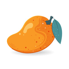 Ripe, juicy, sweet mango with green leaf. Cute vector illustration.