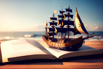 A ship in the middle of a book, magic of reading concept, imagination concept, post processed generative AI art - obrazy, fototapety, plakaty