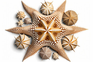 Fototapeta na wymiar A collection of seashells arranged in the shape of a starfish isolated on white background - Generative AI