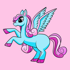 Cute beautiful blue flying pony illustration vector