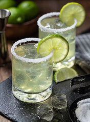 Margarita cocktail with ice, lime and salt riim