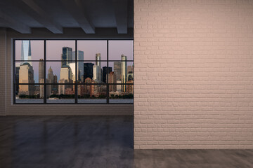 Downtown New York City Lower Manhattan Skyline Buildings. High Floor Window. Mock up wall. Real Estate. Empty room Interior Skyscrapers View Cityscape. Financial district. SUNSET. 3d rendering.