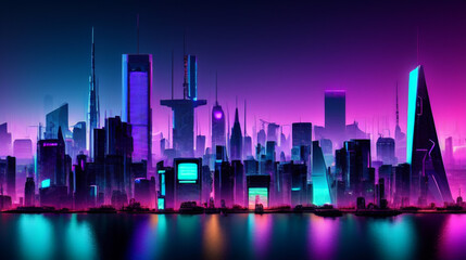 Plakat 幻想的なビルの遠景のイラストサイバーパンク　近未来