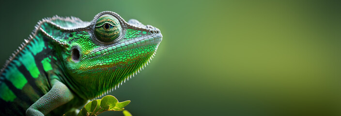 Close-up portrait of a chameleon with bright exotic skin in green colors. Banner format. Generative AI illustration - obrazy, fototapety, plakaty