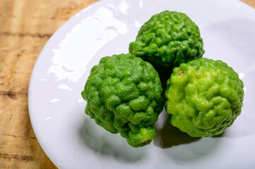 Citrus hystrix, kaffir lime or makrut lime, citrus fruit native to tropical Southeast Asia. Fruit used in Southeast Asian cuisine, essential oil is used in perfumery for intense citrus fragrance.