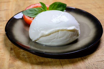 White ball of Italian soft cheese Mozzarella di Bufala Campana served with fresh green basil and red tomato