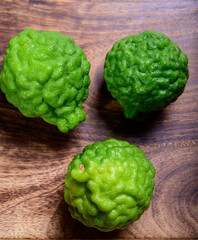 Citrus hystrix, kaffir lime or makrut lime, citrus fruit native to tropical Southeast Asia. Fruit used in Southeast Asian cuisine, essential oil is used in perfumery for intense citrus fragrance.