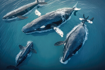 Fototapeta premium An aerial view of a group of whales, Cetacea, such as Humpback Whales, Megaptera novaeangliae - Generative AI
