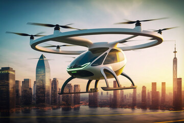 Future of urban air mobility, city air taxi, UAM urban air mobility, Public aerial transportation, Passenger Autonomous Aerial Vehicle AAV in futuristic city, AI technology