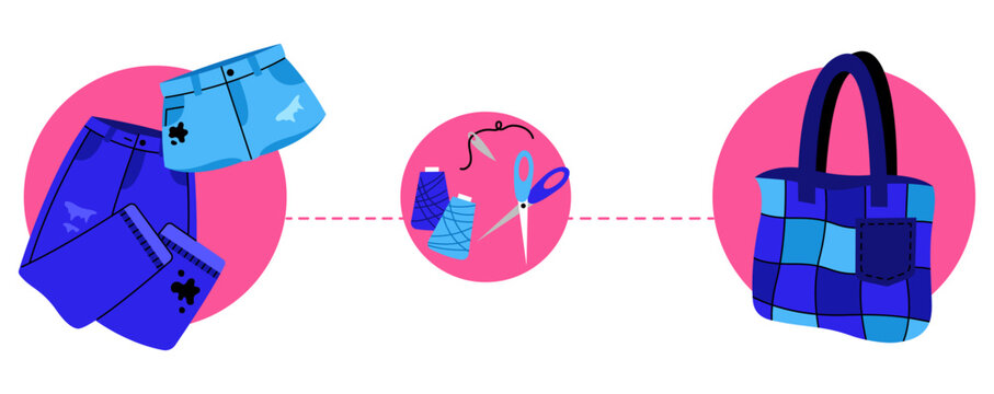 Handmade and upcycling concept. DIY bag made of jeans. Vector illustration of sewing , reuse of cloth, reasonable consumption.