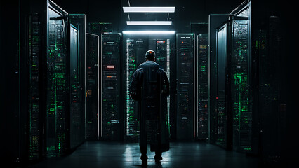 a cyber security standing in server room generative Ai image