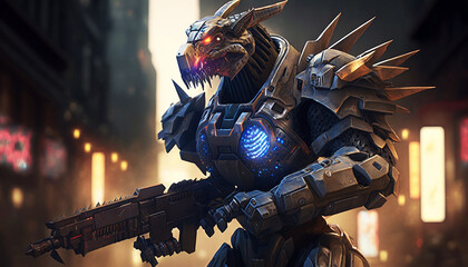 An dino bot wearing armour Generative Ai Image