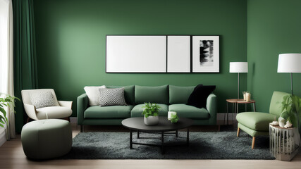 Mockup posters on green empty wall in spacious modern living room interior. Sofa, table,lamp. Generative AI