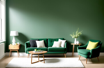 Green living room interior with sofa, armchair and coffee table. Empty wall for mockup. Home decor. Template. Generative AI
