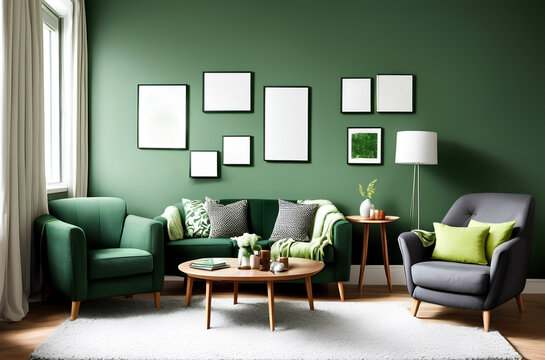 Posters on wall in modern green interior. Sofa, armchair, pillow. Wooden coffee table and lamp. Decorations. Template. Generative AI