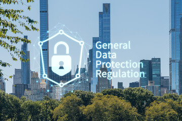 Green lawn at Central Park and Midtown Manhattan skyline skyscrapers at day time, New York City, USA. GDPR hologram, concept of data protection, regulation and privacy for all individuals