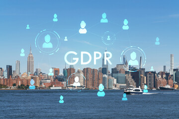 Fototapeta na wymiar New York City skyline from Brooklyn, Williamsburg over the East River, Manhattan skyscrapers at day time, USA. GDPR hologram, concept of data protection, regulation and privacy for all individuals