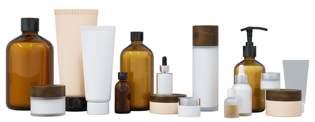 Group of different cosmetic bottles and jars 3D render