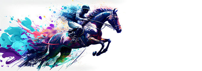 Obraz na płótnie Canvas Equestrian sport horse jump colorful splash horizontal banner on white background copy space. Generative AI illustration
