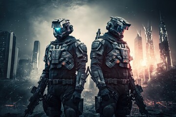 Futuristic swat soldiers on a future city background. Swat soldiers in futuristic tactical outfit armor and weapons standing on a science fiction background. Generative AI