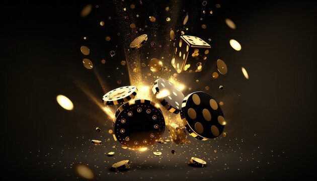 Realistic casino background with flying chips, golden coins and dice. AI