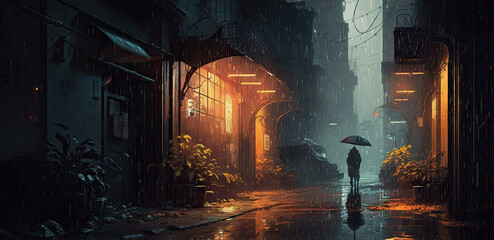 In the rain at night in a cyberpunk dystopian future city, a seedy, gritty back alley. illustration. Generative AI