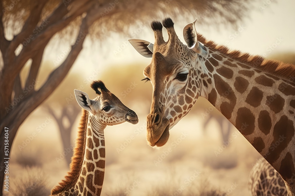 Poster Giraffe mother and child playing. Generative AI