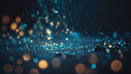 Blurred bokeh light on dark blue background. Abstract glitter defocused blinking stars and sparks with Generative AI technology