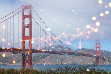 Naklejka na ściany i meble The iconic view of the Golden Gate Bridge from South side at day time, San Francisco, California, United States. Social media hologram. Concept of networking and establishing new people connections