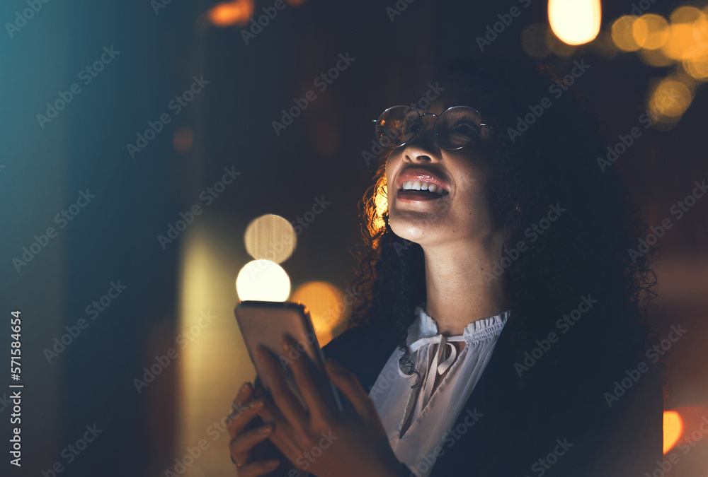 Poster idea, gps and woman with phone at night for communication, chat and app in city. 5g connection, loca