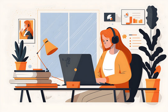 Flat Vector Illustration Happy Young Woman Sitting At Desk With Laptop And Writing Notes While Watching Webinar, Online Learning, Looking At Computer Screen And Studying Online Courses Or Having Virtu