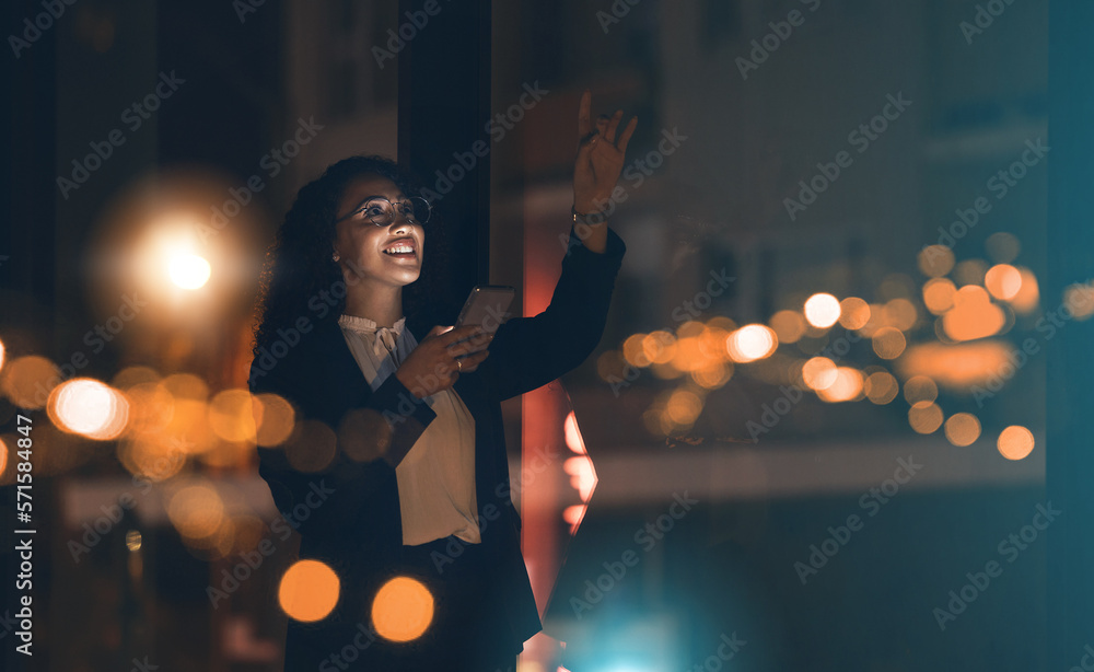 Aufkleber Black woman, phone and night business with bokeh mockup lights for network connection idea. Happy entrepreneur person smartphone ux interface in dark office for networking, contact and communication