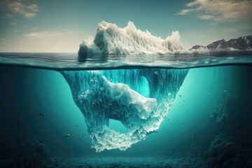 Fototapeta na wymiar Underwater, a gorgeous large white iceberg. Concept of melting glaciers due to global warming. Ocean iceberg with a view from below. transparent water. Global Warming and Hidden Risk. Generative AI