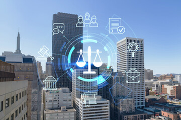 Panoramic cityscape view of San Francisco financial downtown, day time from rooftop, California, United States. Glowing hologram legal icons. The concept of law, order, regulations and digital justice