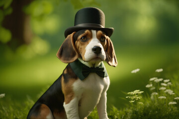 A mischievous beagle dog is a sharp dresser in the park, wearing a hat and tie with style against a lush green background, generative ai