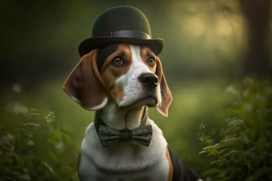 A mischievous beagle dog is a sharp dresser in the park, wearing a hat and tie with style against a lush green background, generative ai