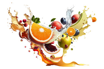 Colorful juice splash with fruits slices. Multifruits drink wave. Isolated design element on the transparent background. Generative AI.