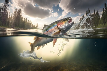 Fishing Rainbow trout fish splashing in the water of a forest lake. Fish jumps out of the river, clear water - obrazy, fototapety, plakaty