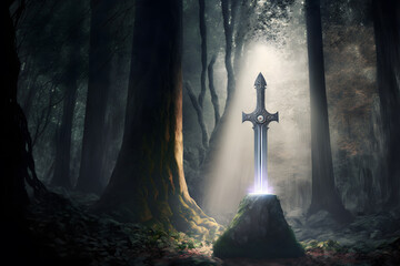 Sword King Arthur Excalibur in a stone in the forest, a ray of light reflected on sword, fantasy
