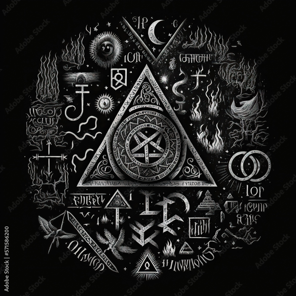 Wall mural Magic symbols runes and spells. Witchcraft of a witch. Esoteric ornament, occult signs wizard. Mystic mythology sign